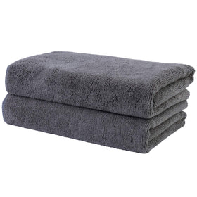 POLYTE front view of two dark gray salon towels shows pack and fast drying benefit