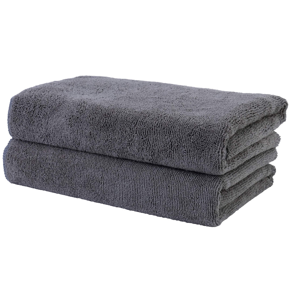 POLYTE front view of two dark gray salon towels shows pack and fast drying benefit