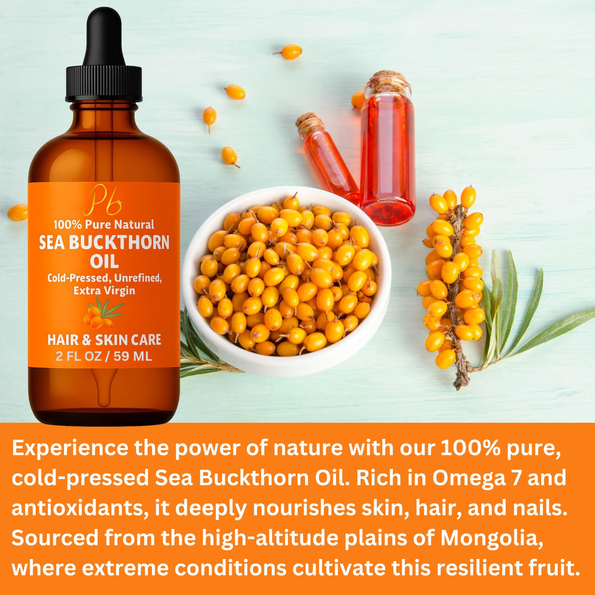 Pomberries bottle with sea buckthorn berries highlighting natural source