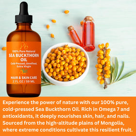 Pomberries bottle with sea buckthorn berries highlighting natural source