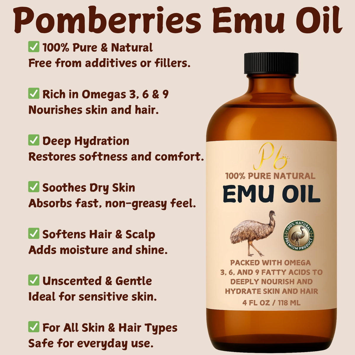 Pomberries dropper dispensing clear emu oil drop for precise, mess-free dosing
