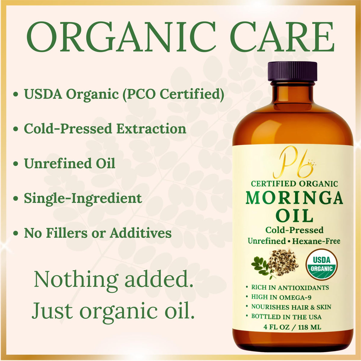 Pomberries moringa oil close-up label highlighting USDA Organic and single-ingredient purity