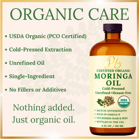 Pomberries moringa oil close-up label highlighting USDA Organic and single-ingredient purity