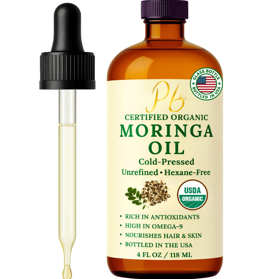 Pomberries moringa oil front label showing organic certification and clean design for trust