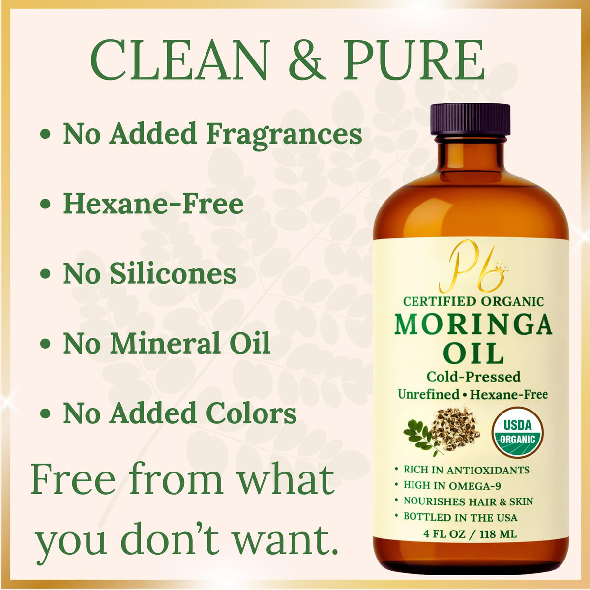 Pomberries moringa oil applied to hand to show quick absorption and non-greasy feel