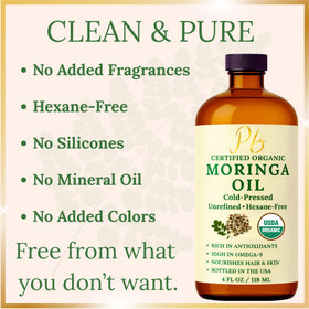 Pomberries moringa oil applied to hand to show quick absorption and non-greasy feel