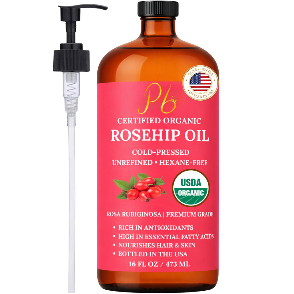 Pomberries front bottle view showing organic rosehip oil and clear glass benefit