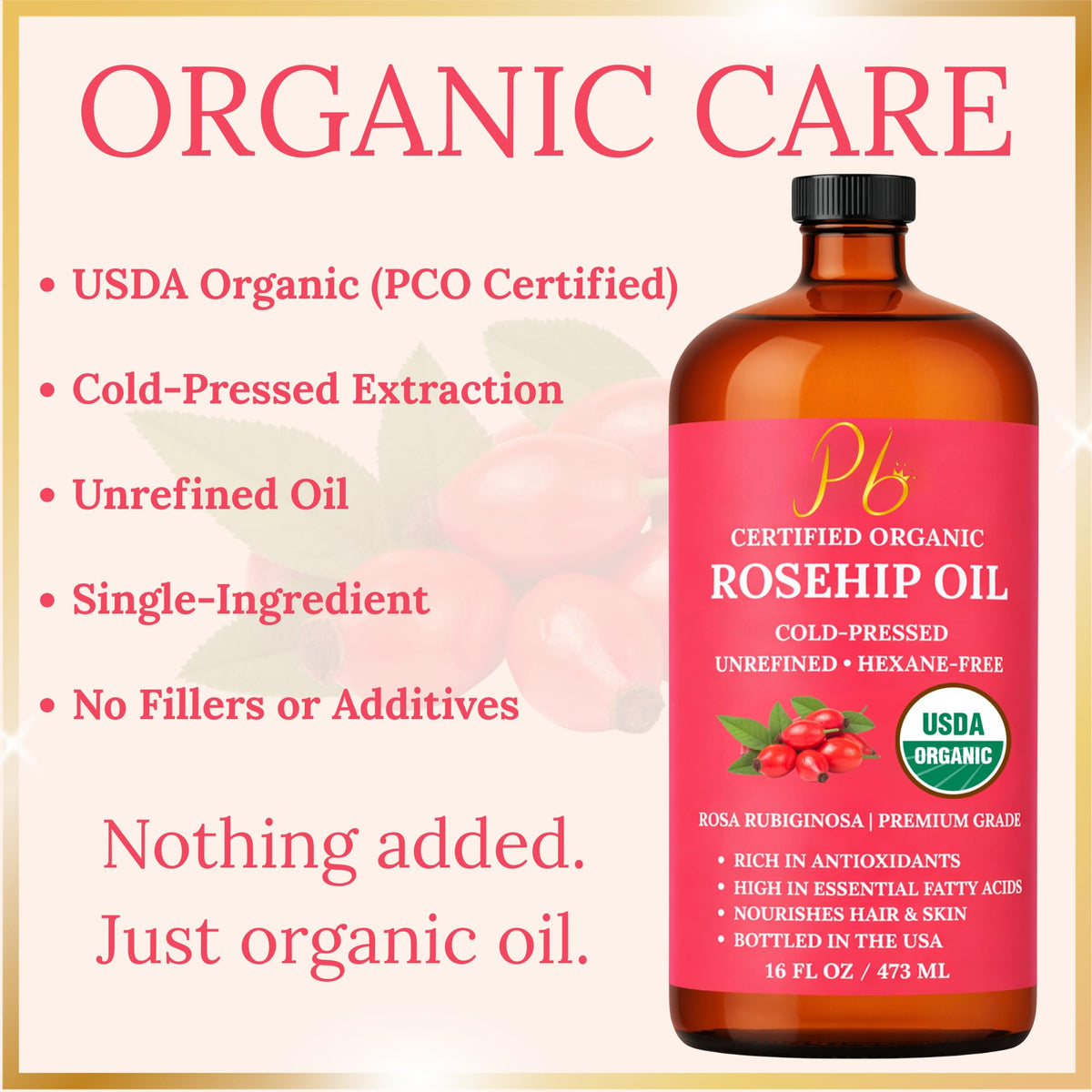 Pomberries bottle label detail showing USDA organic certification and trusted quality