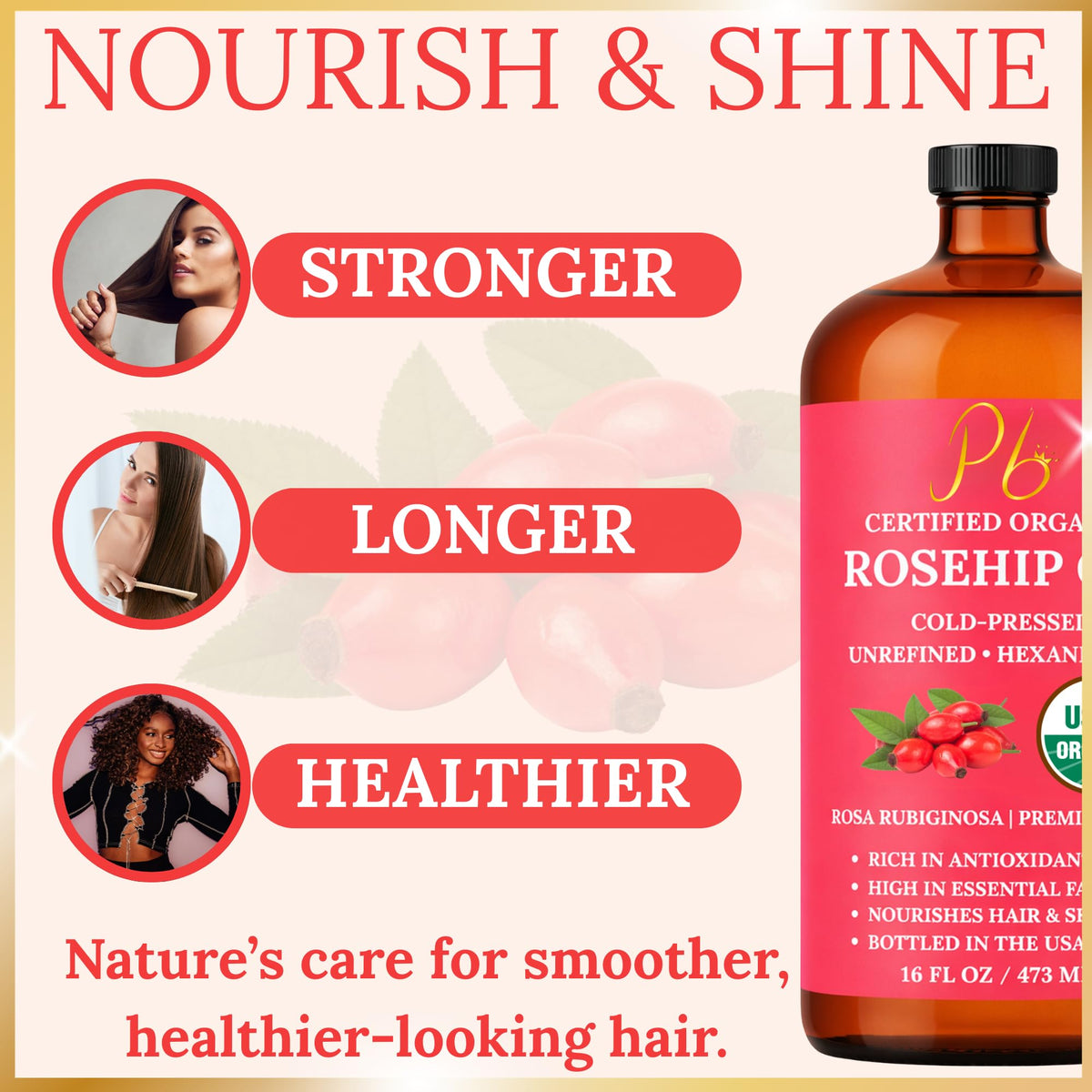Pomberries oil being applied to hair ends showing frizz control and shine benefit