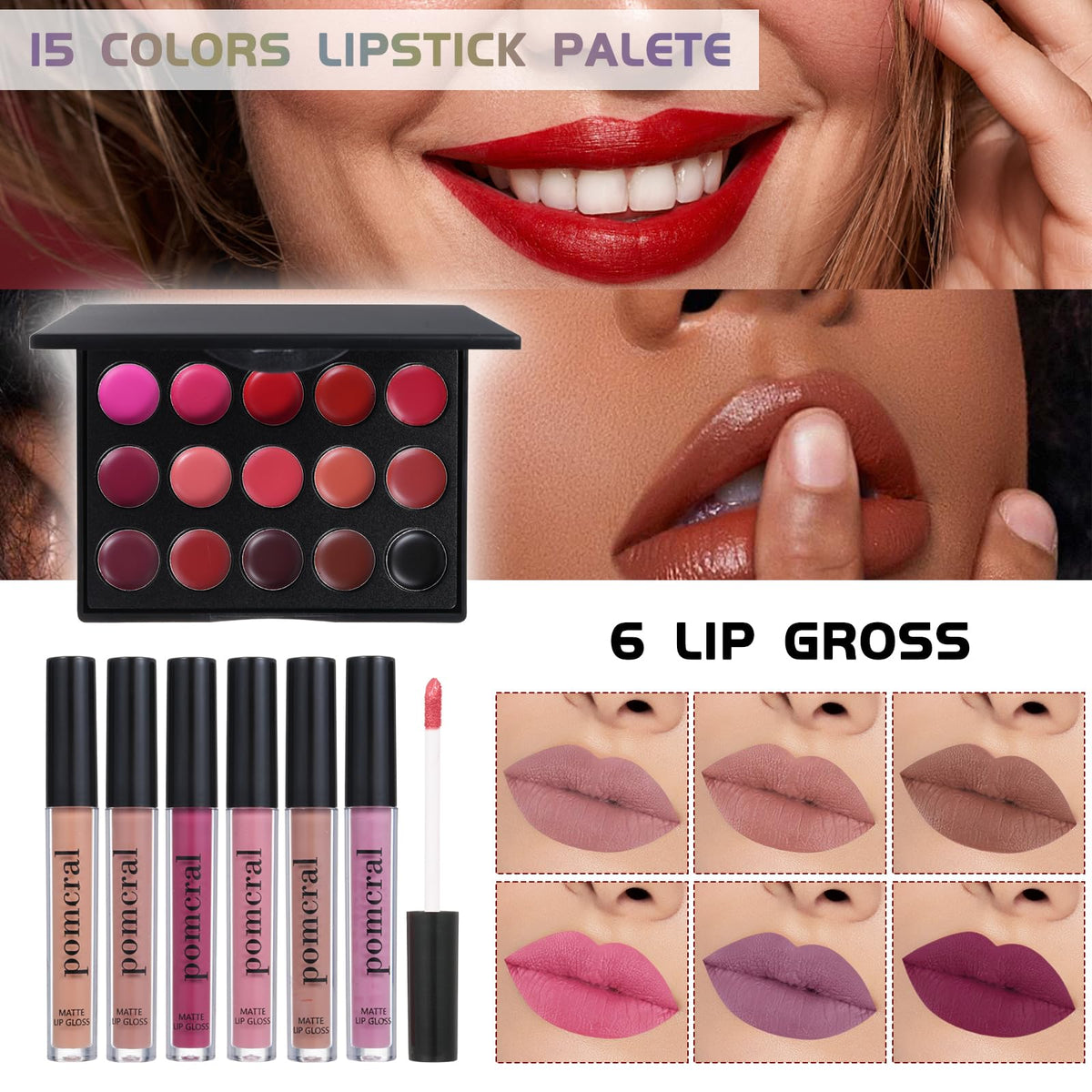 pomcral lip gloss and lipstick collection illustrating glossy and matte finish options