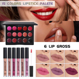 pomcral lip gloss and lipstick collection illustrating glossy and matte finish options