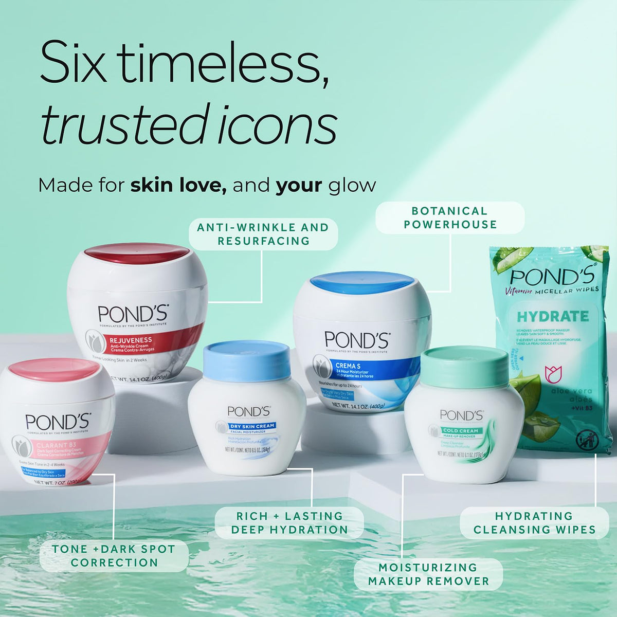 POND'S products on bathroom counter during morning routine, supports daily use