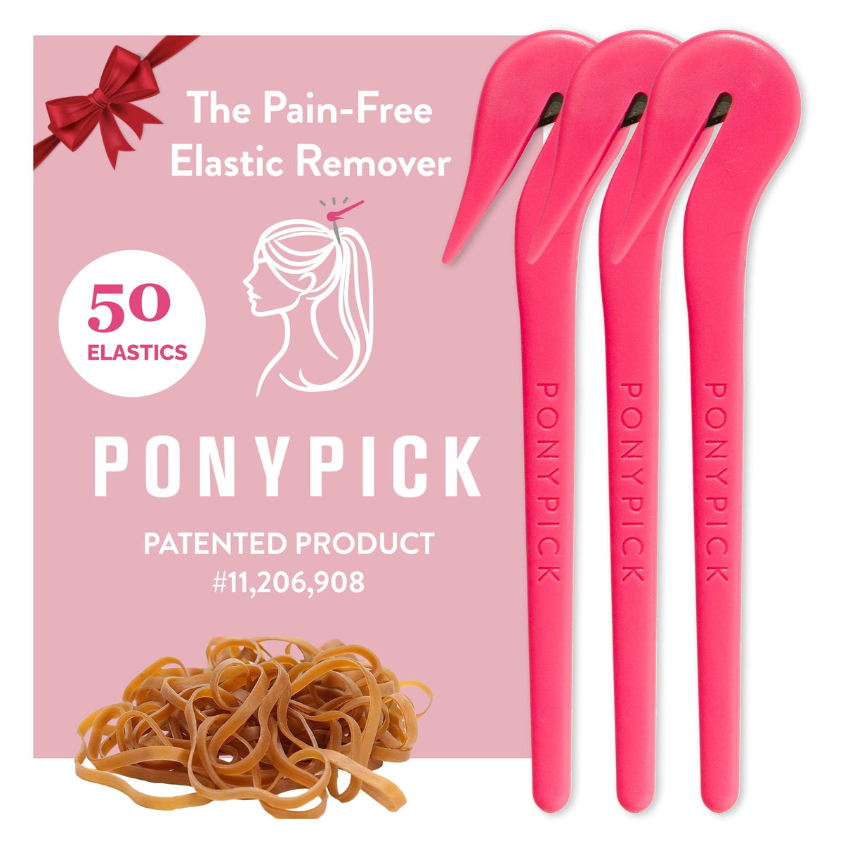 Pony Pick front packaging showing three tools and 50 elastics, quick removal