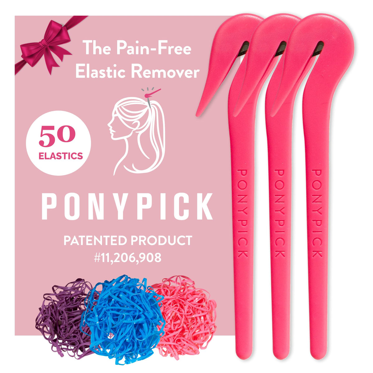 Pony Pick front packaging showing three cutters and 50 colorful elastics for convenience