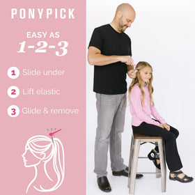 Pony Pick in use on toddler hair demonstrating gentle elastic removal