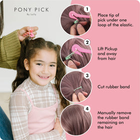 Pony Pick tool in use cutting a rubber band from hair for painless removal