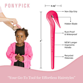 Caregiver using Pony Pick on child's hair showing calm, damage-free removal benefit