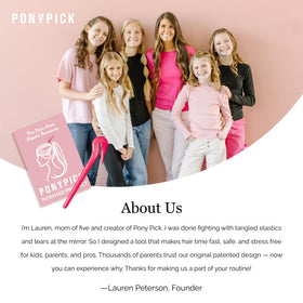 Flatlay of Pony Pick packaging and contents showing ready-to-use styling kit benefit