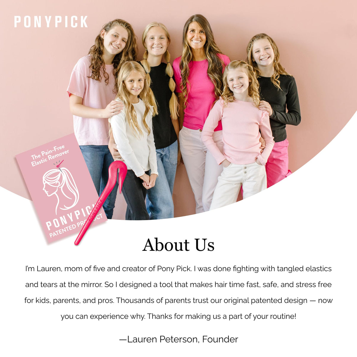 Child with braided hair styled using elastics and Pony Pick nearby, Pony Pick enables playful looks
