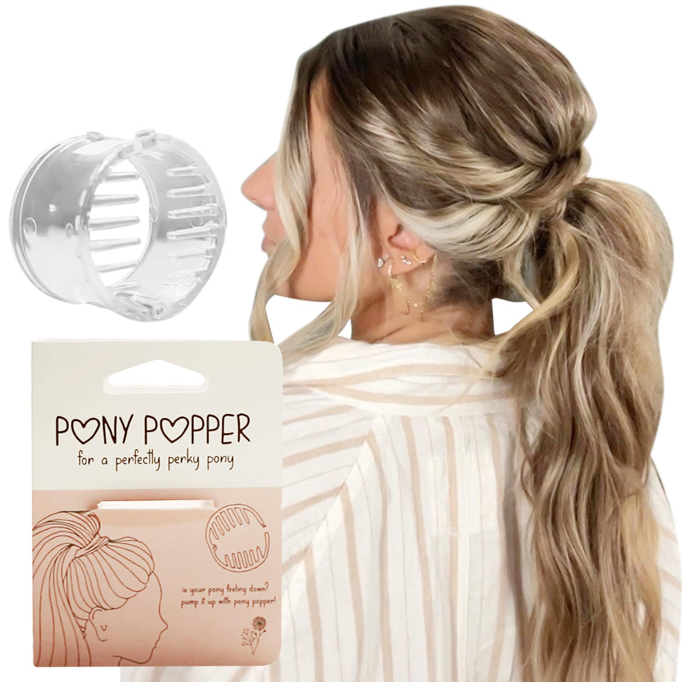 Pony Popper front view showing clear clip and tidy finished ponytail benefit