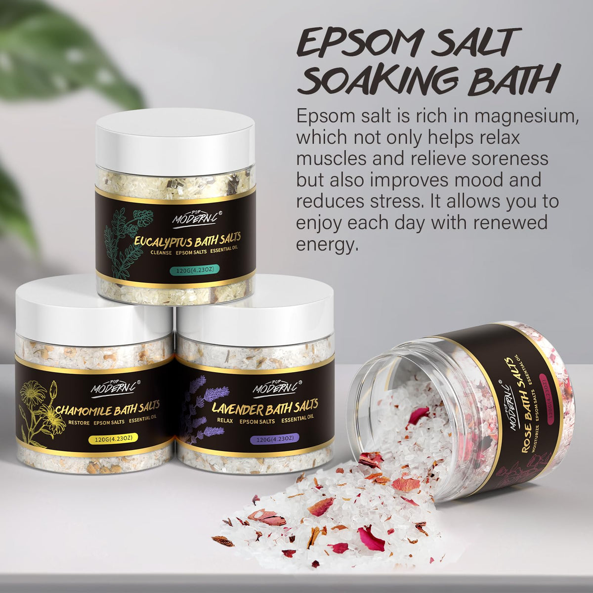 POP MODERN.C chamomile salt texture close-up conveying gentle, skin-friendly formula