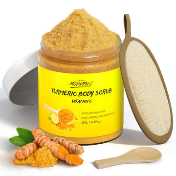 POP MODERN.C front jar turmeric scrub showing packaging and glow benefit