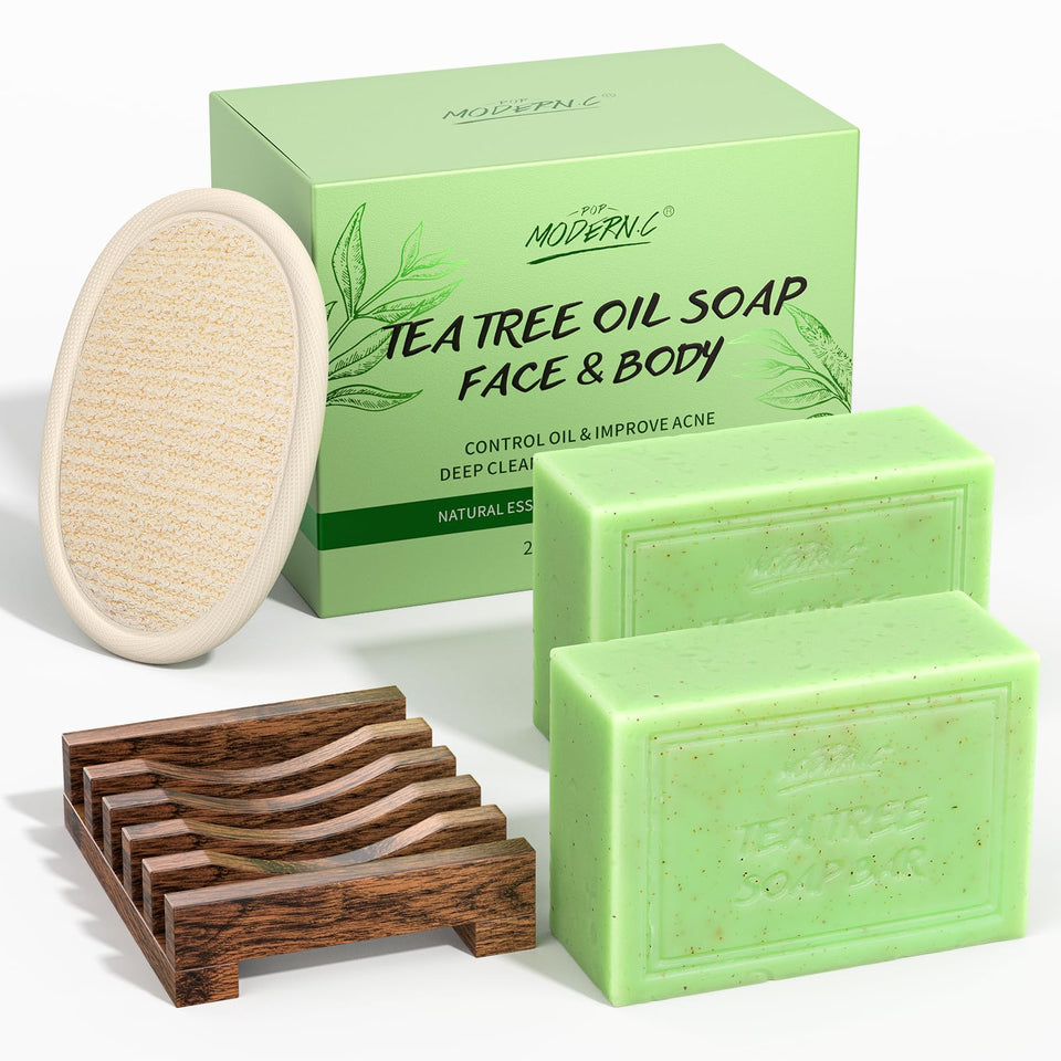 POP MODERN.C front packaging showing complete tea tree soap kit benefits