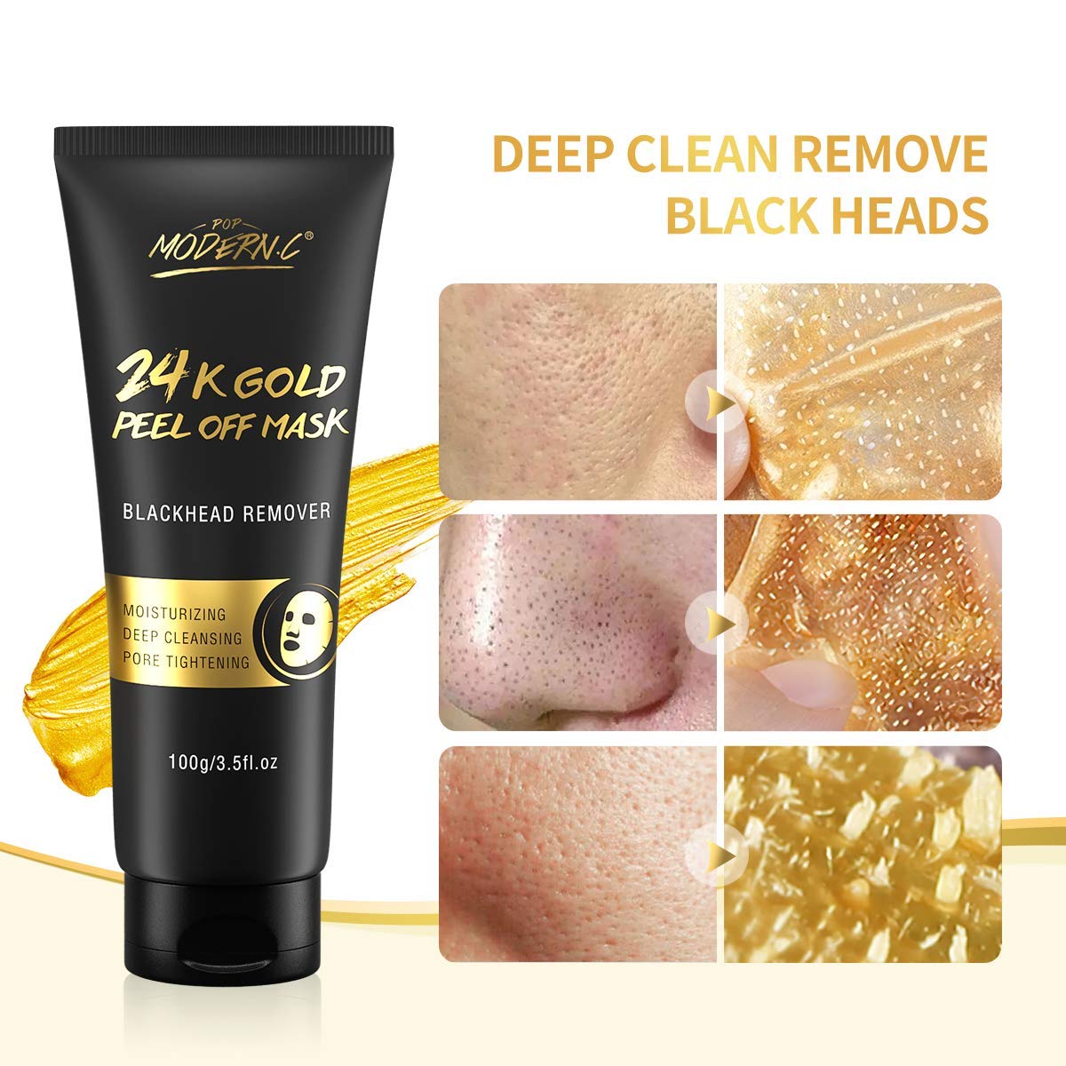 POP MODERN.C mask texture close-up highlighting silky gold formula benefits