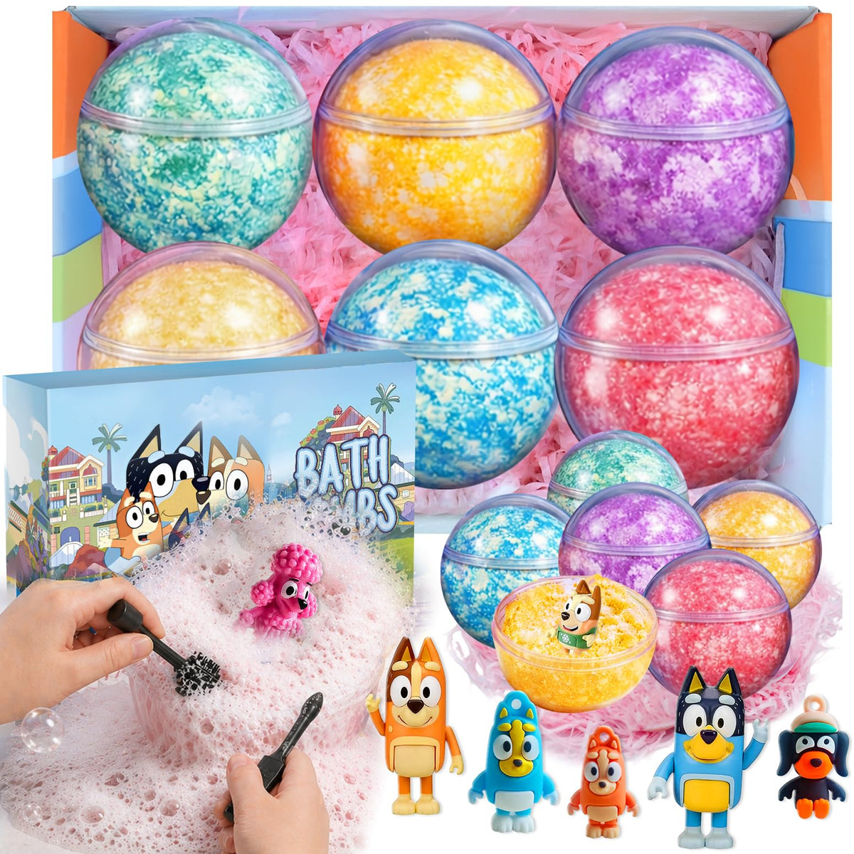 POPBATH front box packaging showing six bath bombs and accessories, gift-ready benefit