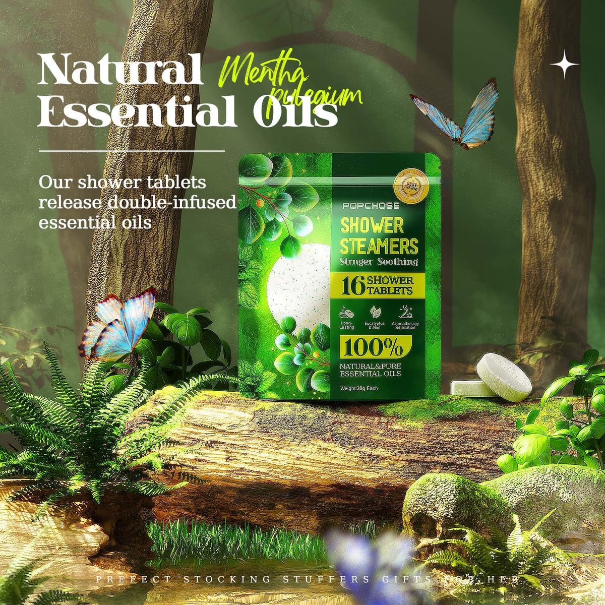 POPCHOSE tablet dissolving in shower steam, releases invigorating eucalyptus scent