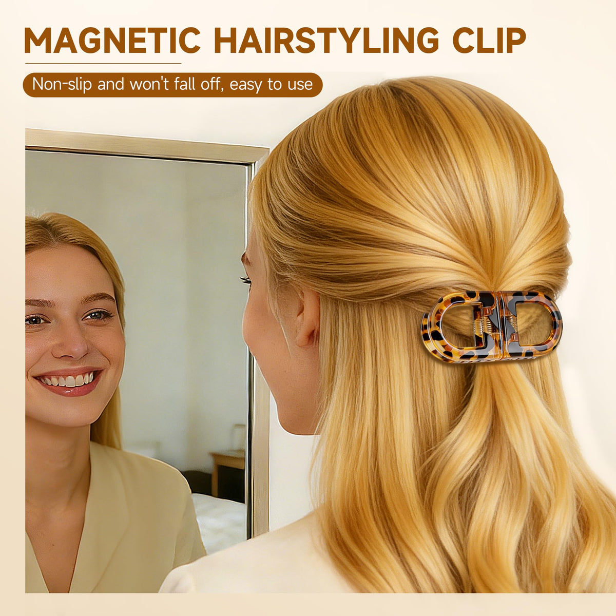 POPLOPP clip securing half-up hairstyle demonstrates quick styling convenience
