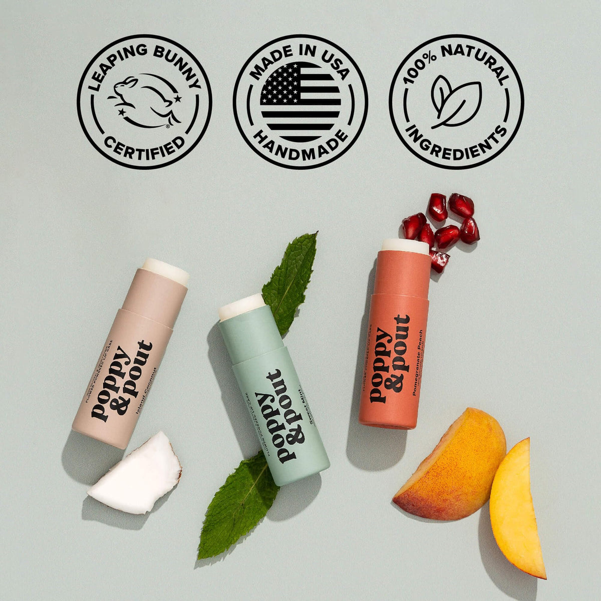 Poppy & Pout natural ingredients display beeswax and coconut oil for moisturizing benefit