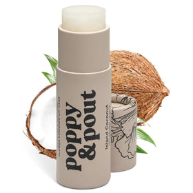Poppy & Pout front packaging shows jumbo tube and island coconut scent benefit