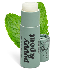 Poppy & Pout jumbo lip balm front packaging showing label and mint scent benefit