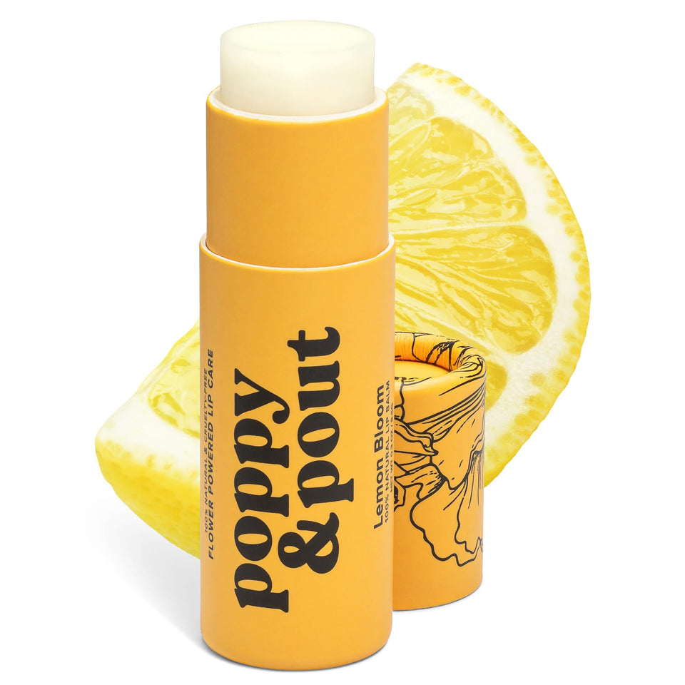 Poppy & Pout front packaging showing lemon bloom jumbo tube and recyclable benefits