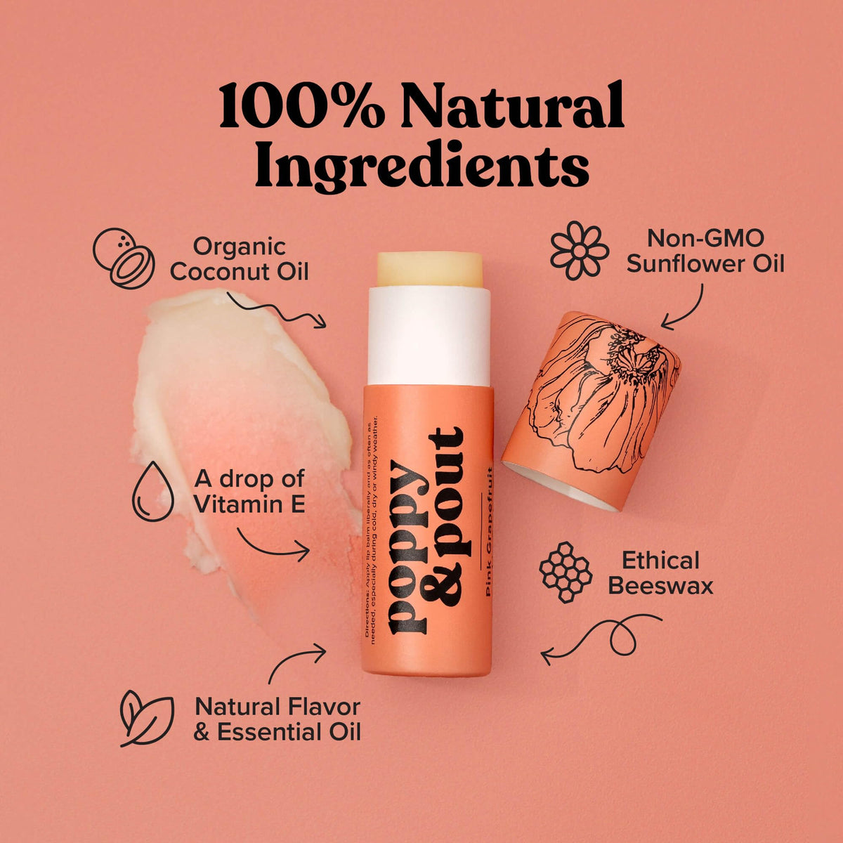 Poppy & Pout open cap with exposed balm stick highlighting smooth application benefit
