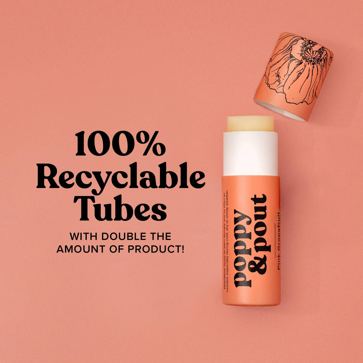 Poppy & Pout recyclable packaging label emphasizing sustainable cardboard tube benefit