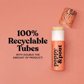 Poppy & Pout recyclable packaging label emphasizing sustainable cardboard tube benefit