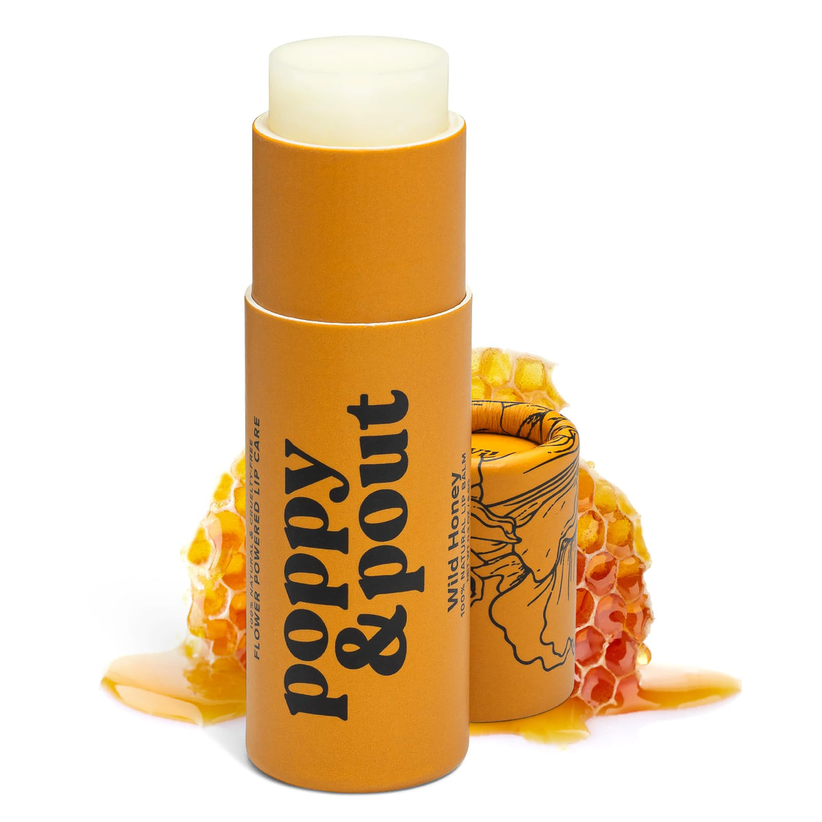 Poppy & Pout front tube Wild Honey showing label and color benefits hydration