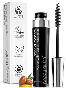 poppy austin mascara front tube showing compact travel-friendly design and bold black shade