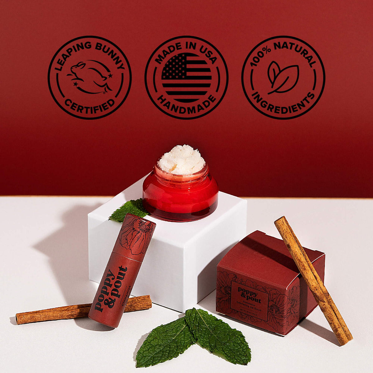 Poppy & Pout ingredient display with beeswax and coconut oil benefits
