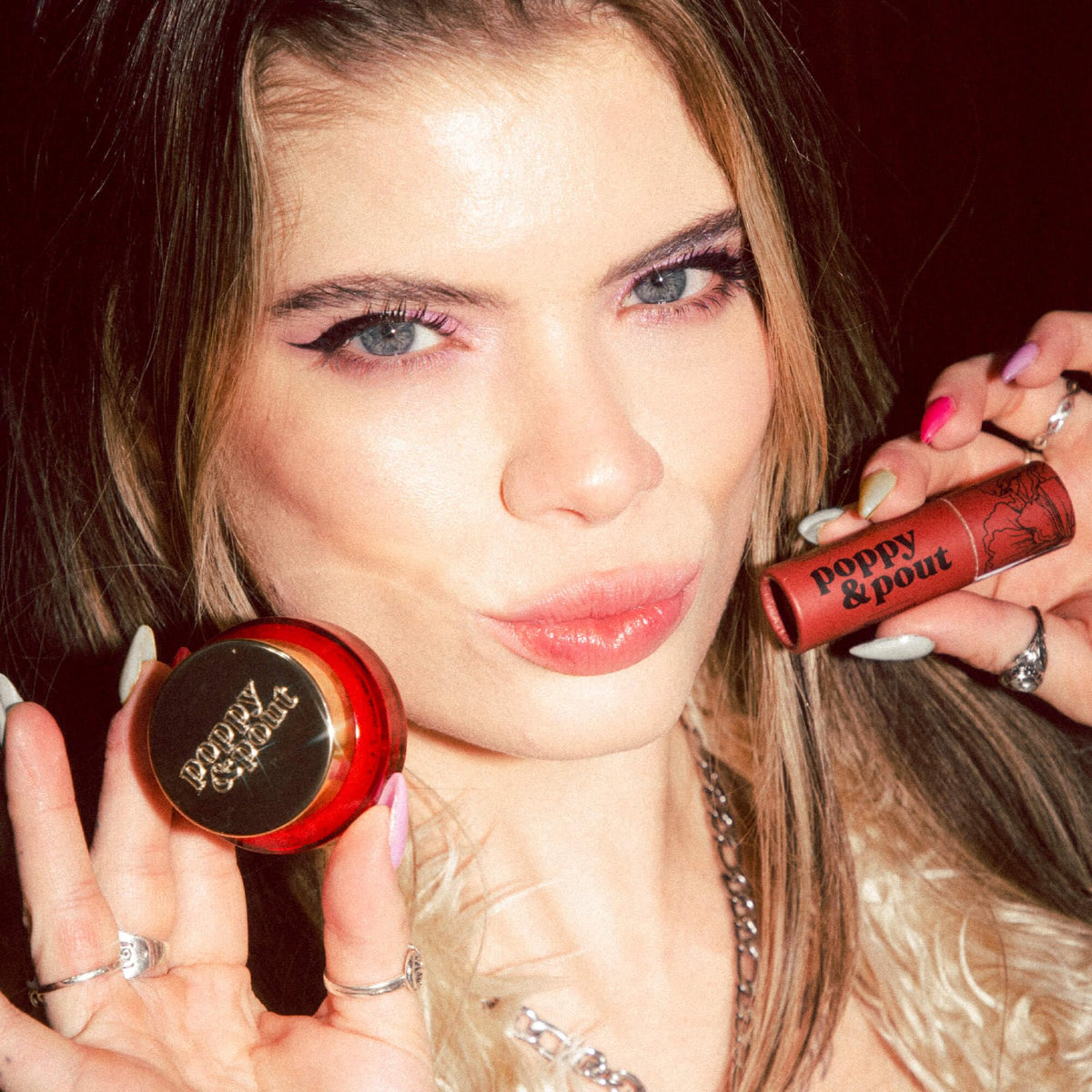 Poppy & Pout label showing ingredients and cruelty‑free certification info