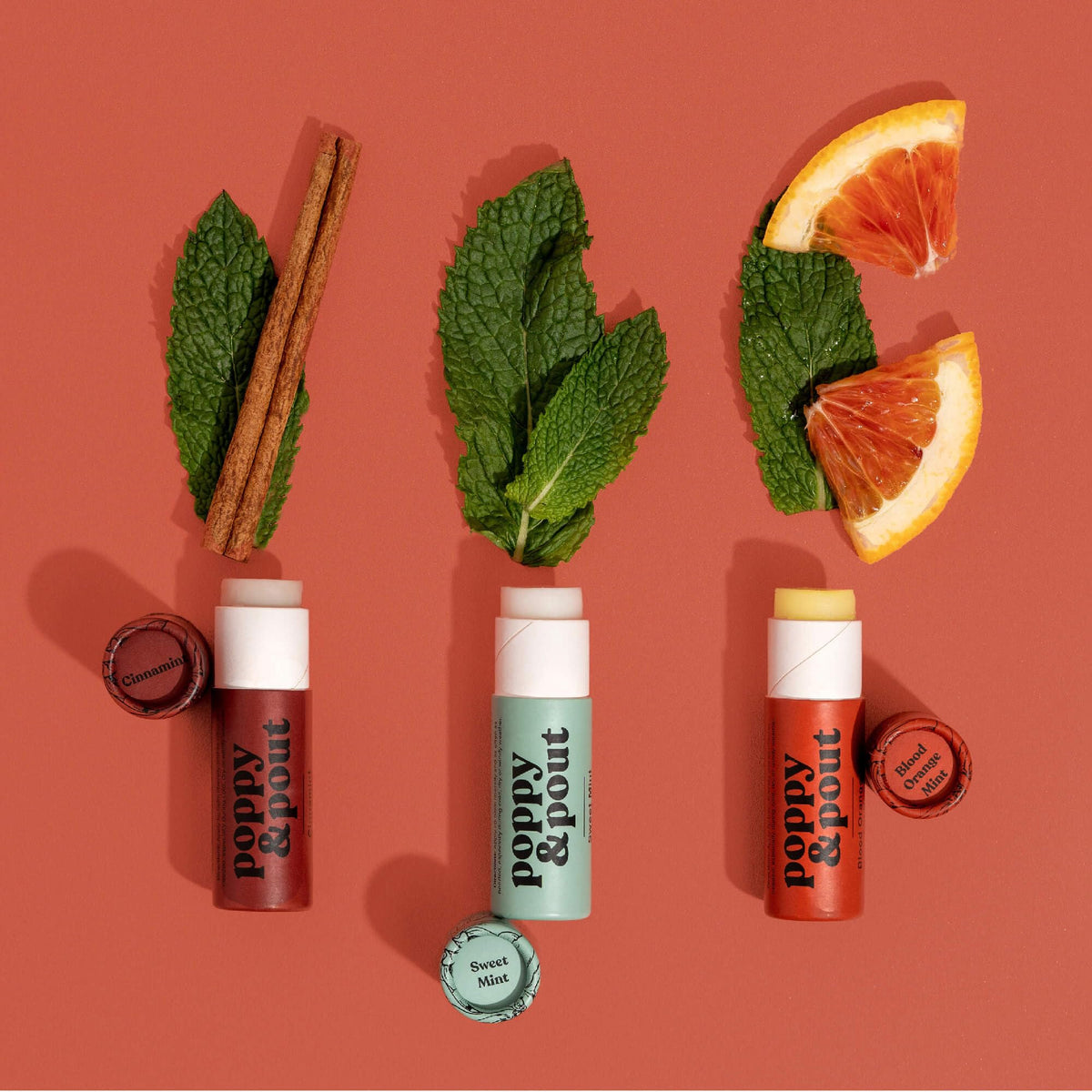 Poppy & Pout lifestyle scene on a table conveying daily lip care comfort