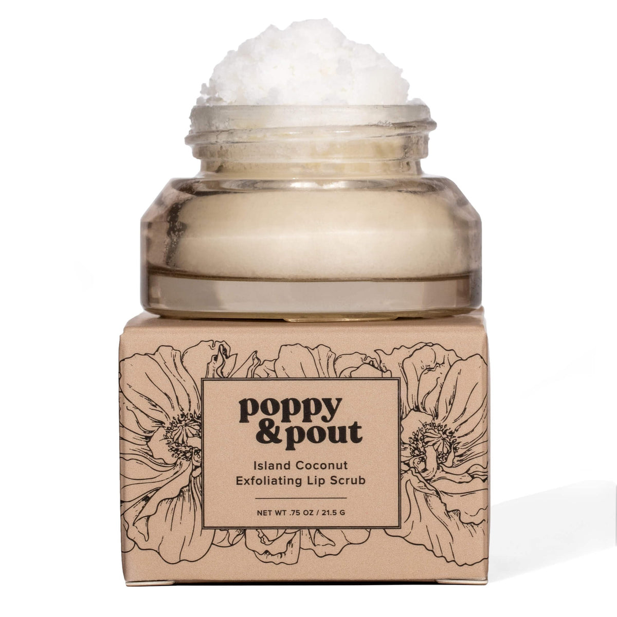 Poppy & Pout front jar showing island coconut label and recyclable glass benefits
