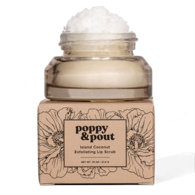 Poppy & Pout front jar showing island coconut label and recyclable glass benefits