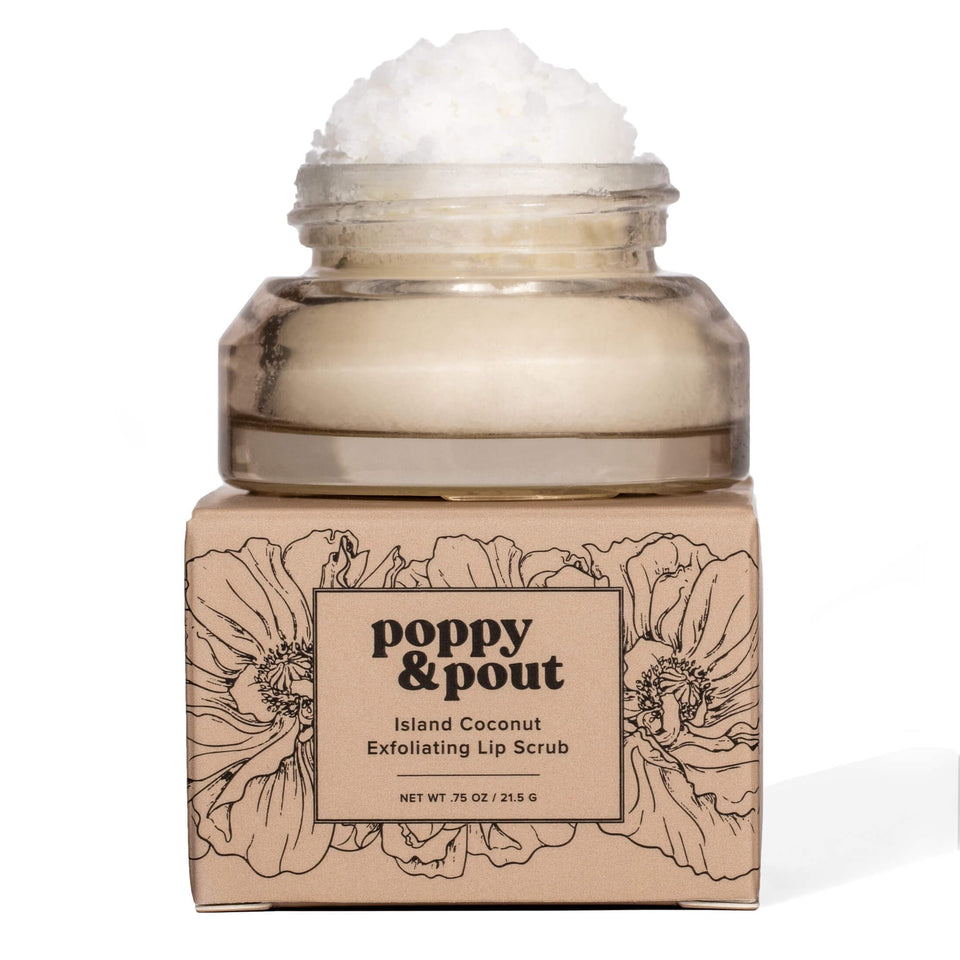 Poppy & Pout front jar showing island coconut label and recyclable glass benefits