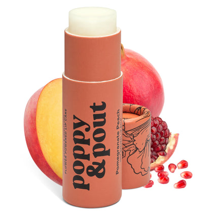 Poppy & Pout front tube showing pomegranate peach jumbo balm benefits