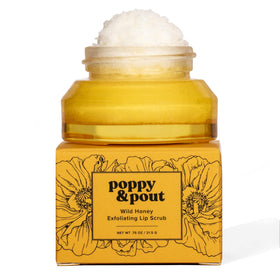 Poppy & Pout jar front view showing label and recyclable glass benefit