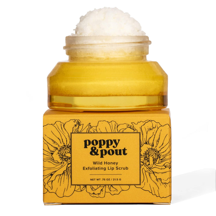 Poppy & Pout jar front view showing label and recyclable glass benefit