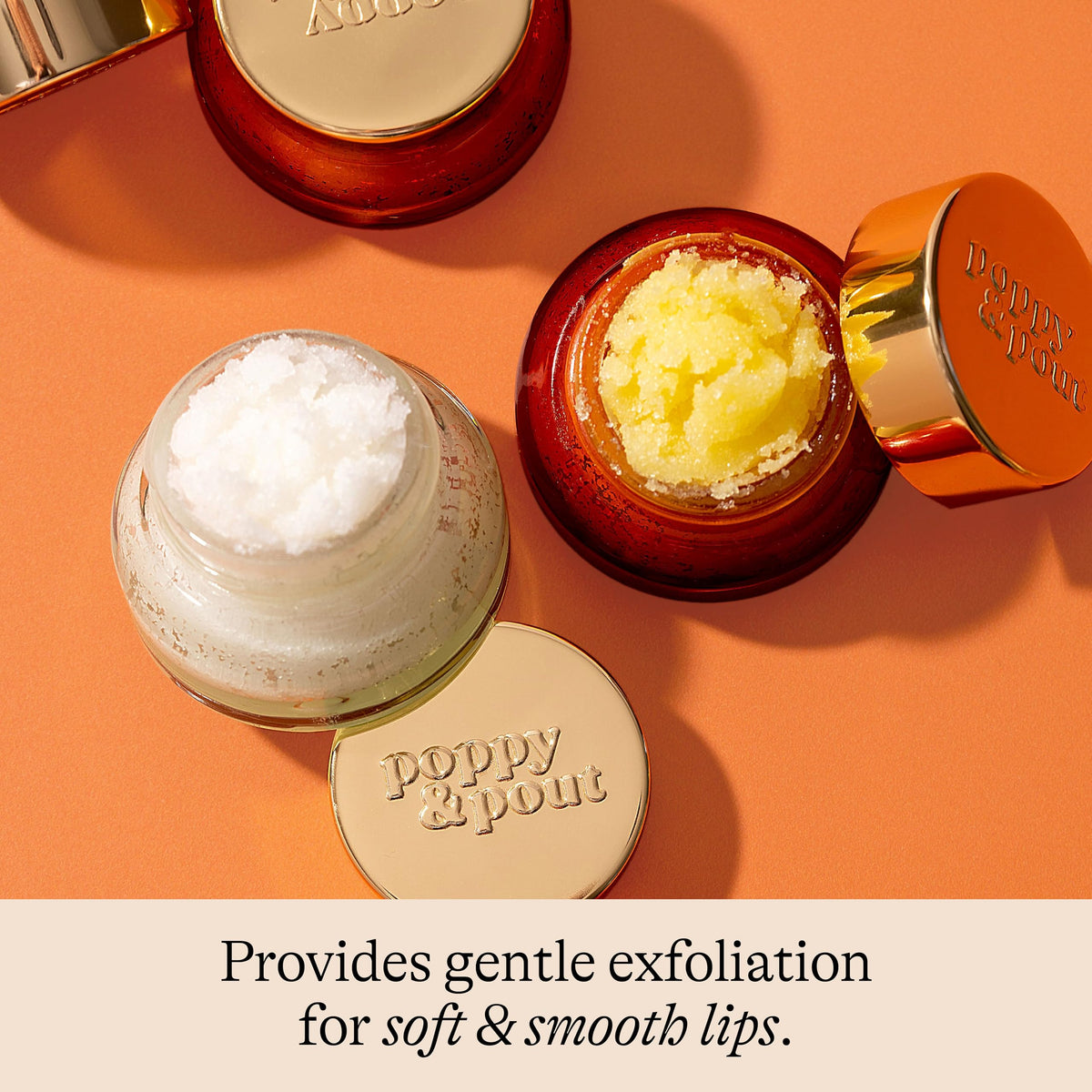 Poppy & Pout scoop of scrub on wooden spoon highlighting natural ingredients